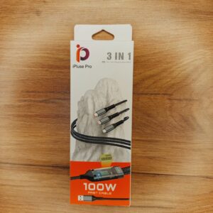 کابل 3 در 1 آی‌پلاس پرو 100W PD + نمایشگر دیجیتال + نایلون بریدد 1 متر – شارژ همه دستگاه‌ها با یک کابل!
