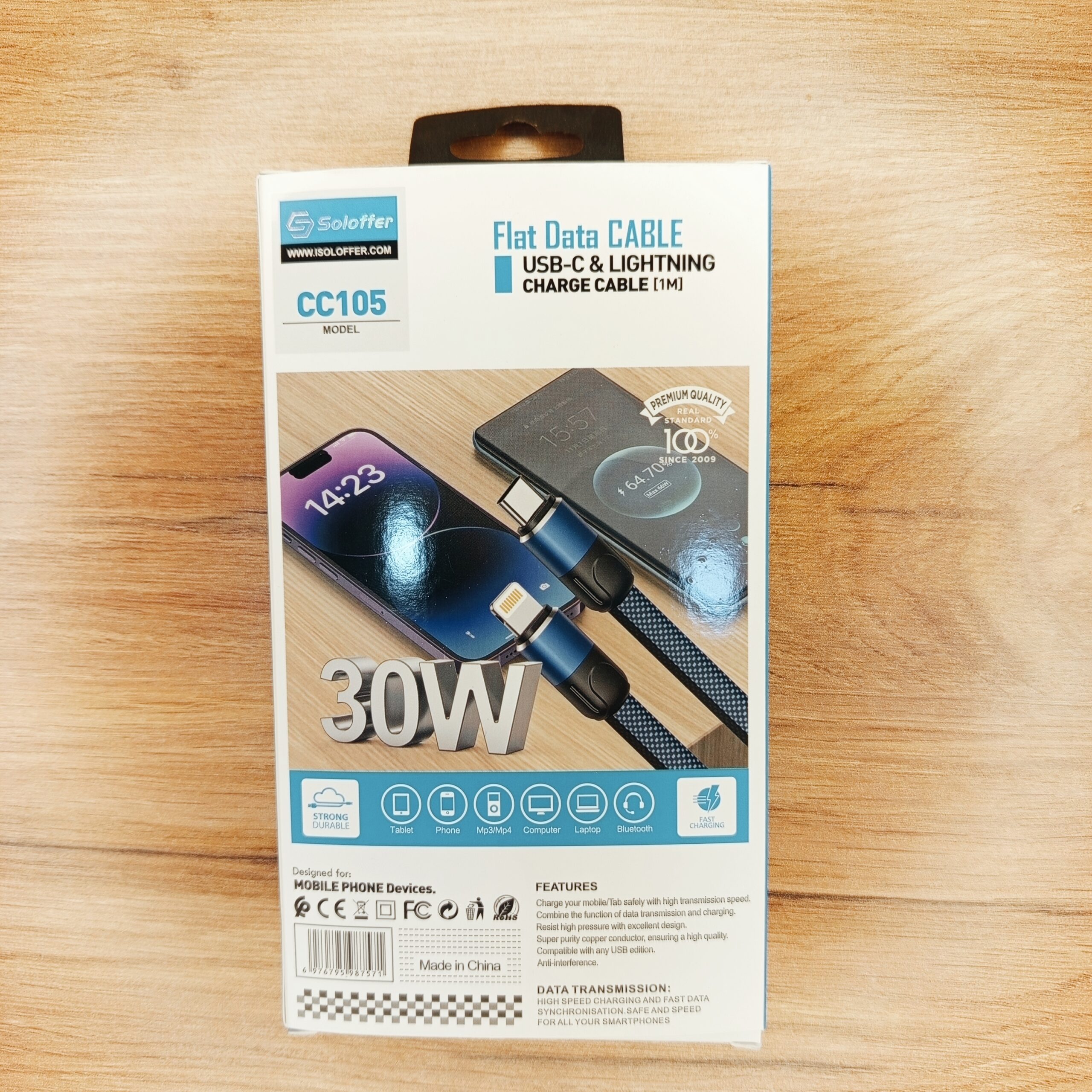 کابل Type-C به Lightning سولوفر مدل CC105 | پشتیبانی 30 وات، PD و MFi 3 کابل 30W Soloffer CC105 Type-C به Lightning PD + MFi + تخت نایلونی 1 متر