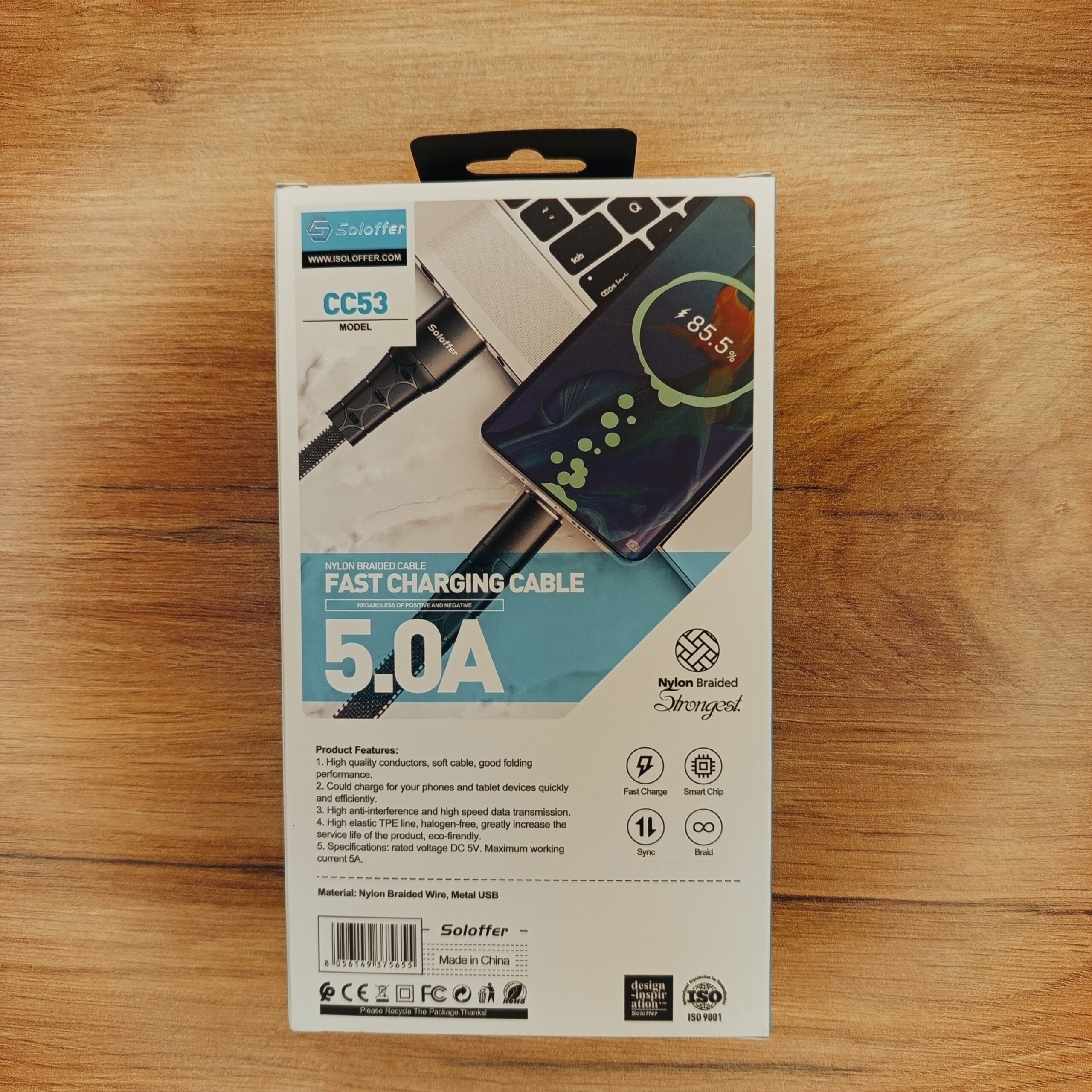 کابل Lightning سولوفر مدل CC53 | جریان ۵ آمپر، MFi و QC 3.0 (۱ متر) 3 کابل لایتنینگ Soloffer CC53 5A + MFi + QC 3.0 100cm – شارژ آیفون در 25 دقیقه