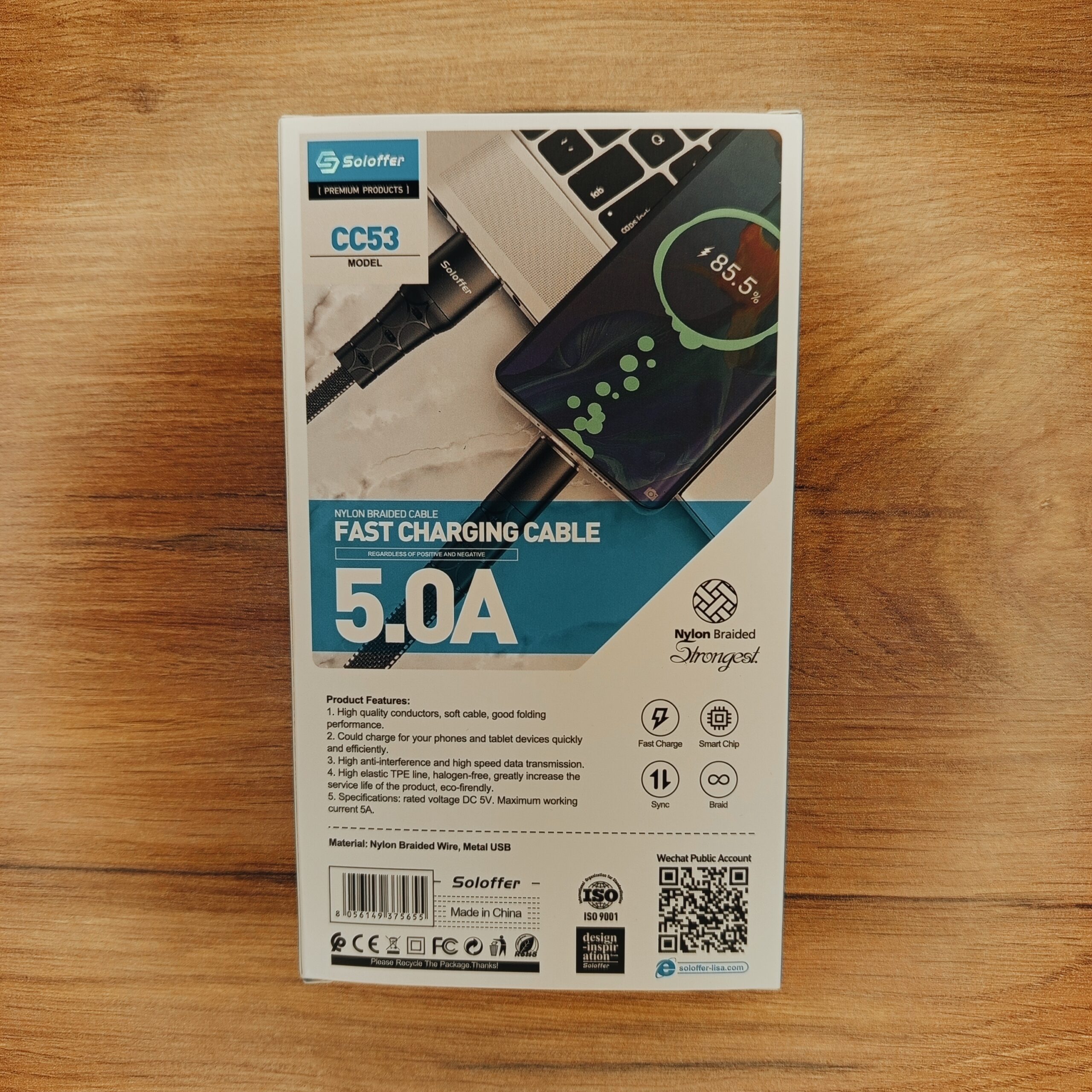 کابل Micro USB سولوفر مدل CC53 | جریان ۵ آمپر و QC 3.0 3 کابل میکرو Soloffer CC53 5A + QC 3.0 + نایلون بریدد 100cm – شارژ سریع + ضد پارگی!