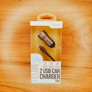 شارژر فندکی IVON CC38 دو پورت ۲.۴ آمپر + کابل Micro USB یک‌تکه (پک کامل) (2)